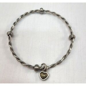 Brighton ART AND SOUL Silver Tone Twisted Cable Bangle Bracelet Heart Logo Charm